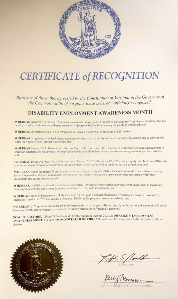 Proclamation for NDEAM in Virginia 2021