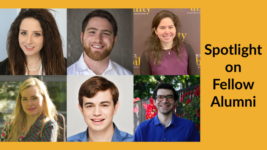 Headshots of six Jewish former RespectAbility Fellows smiling. Text: Spotlight on Fellow Alumni