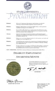 Proclamation for Disability Employment Awareness Month in Minnesota