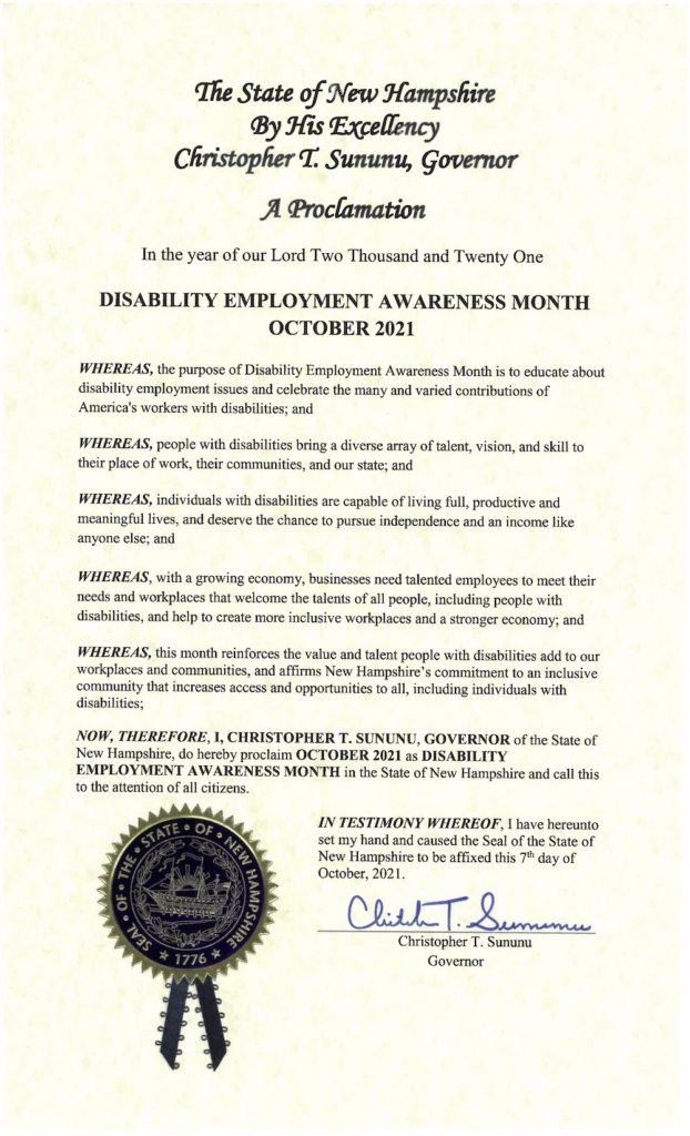 New Hampshire proclamation for Disability Employment Awareness Month 2021