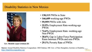 PowerPoint slide with disability statistics in New Mexico with a photo of Governor Lujan-Grisham