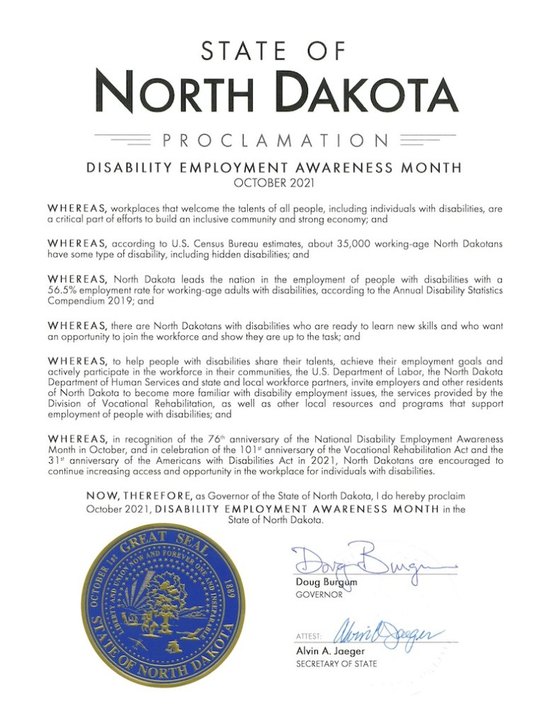 North Dakota proclamation for Disability Employment Awareness Month 2021