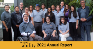 RespectAbility Board members smiling together, many wearing polo shirts with the RespectAbility logo on it. Text: RespectAbility 2021 Annual Report