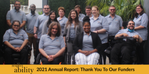 RespectAbility staff members smile together wearing polo shirts with the RespectAbility logo on them. RespectAbility logo. Text: 2021 annual report: thank you to our funders