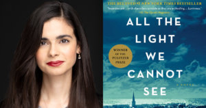 Aria Mia Loberti headshot next to the Book Cover of All the Light We Cannot See