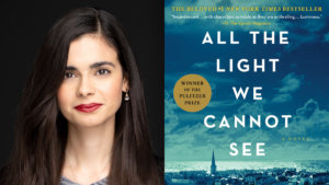 Aria Mia Loberti headshot next to the Book Cover of All the Light We Cannot See