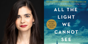 Aria Mia Loberti headshot next to the Book Cover of All the Light We Cannot See