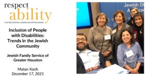 Cover slide for PowerPoint presentation on Inclusion of People with Disabilities: Trends in the Jewish Communitv. Photo of six RespectAbility team members at Jewish Disability Advocacy day, smiling