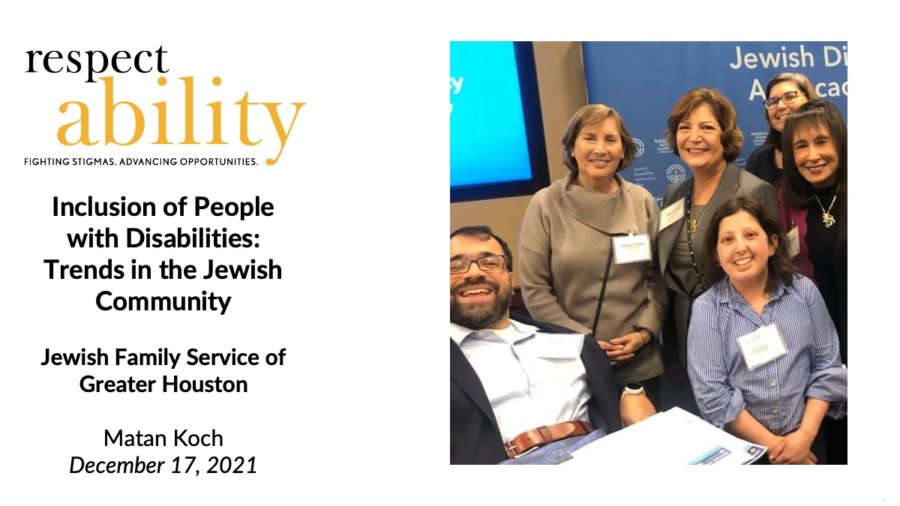 Cover slide for PowerPoint presentation on Inclusion of People with Disabilities: Trends in the Jewish Communitv. Photo of six RespectAbility team members at Jewish Disability Advocacy day, smiling