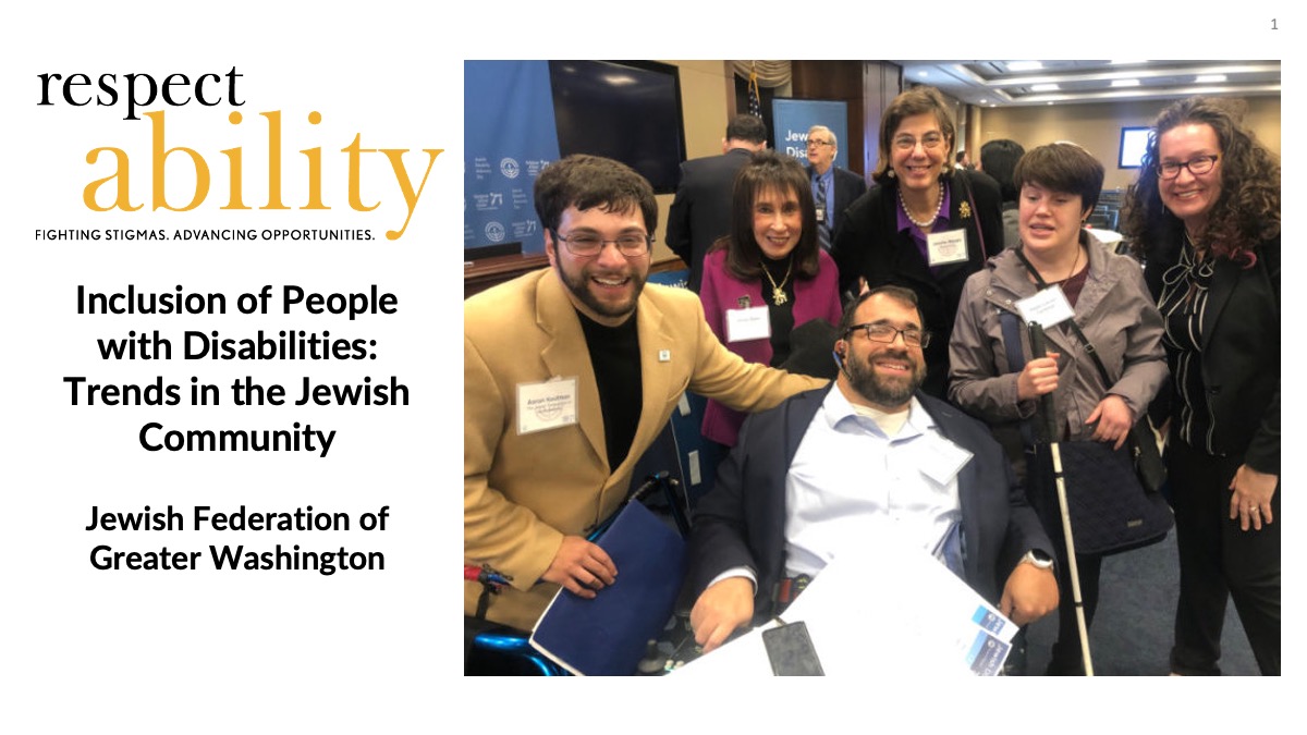 Cover slide for PowerPoint presentation on Inclusion of People with Disabilities: Trends in the Jewish Communitv. Photo of six RespectAbility team members at Jewish Disability Advocacy day, smiling