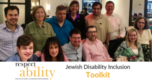 RespectAbility Jewish team members and other Jews with disabilities smile together at a restaurant. RespectAbility logo. Text: Jewish Disability Inclusion Toolkit