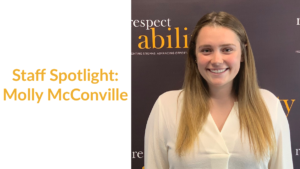 Molly McConville smiling in front of the RespectAbility banner. Text: Staff Spotlight: Molly McConville