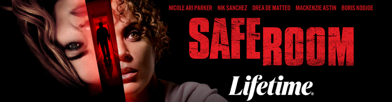Safe Room Lifetime Key art featuring the names of the cast and photos of two cast members