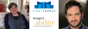 Headshots of Erika Abbott and Aaron Wolf. Logos for Sinai Temple and RespectAbility.