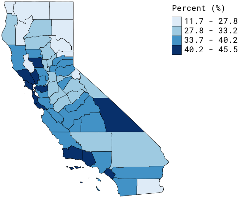 Map of California showing employment rates for working-age civilians with disabilities by county