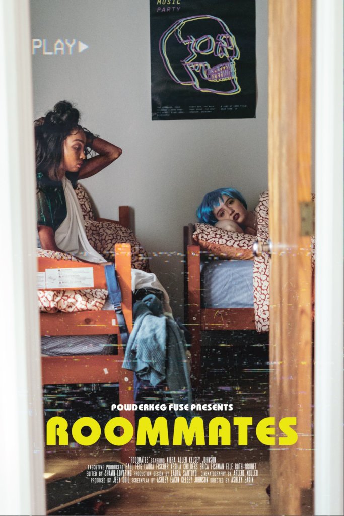 Poster for Roommates featuring two girls on their beds in a dorm room