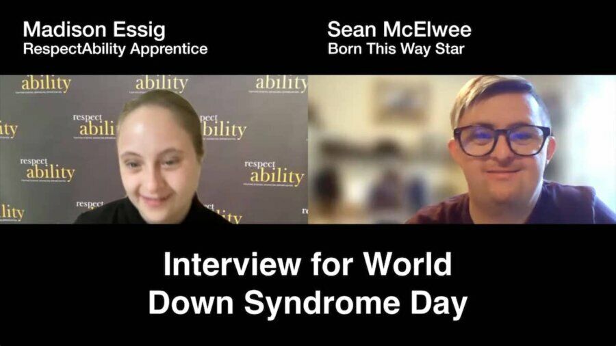 Screenshot of Madison Essig and Sean McElwee speaking on a video call, with their names and titles above. Text: Interview for World Down Syndrome Day