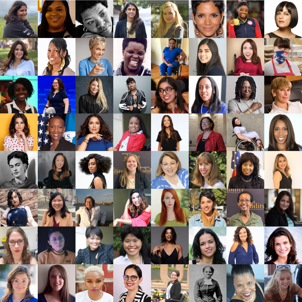 Headshots of 64 women with disabilities in a grid