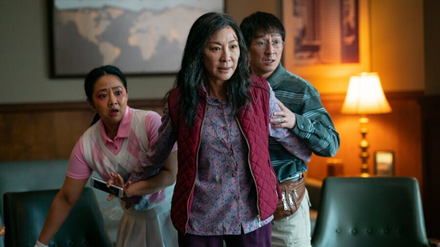 Michelle Yeoh, Ke Huy Quan, and Stephanie Hsu in Everything Everywhere All at Once