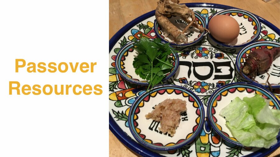A passover seder plate with food on it. Text: Passover Resources