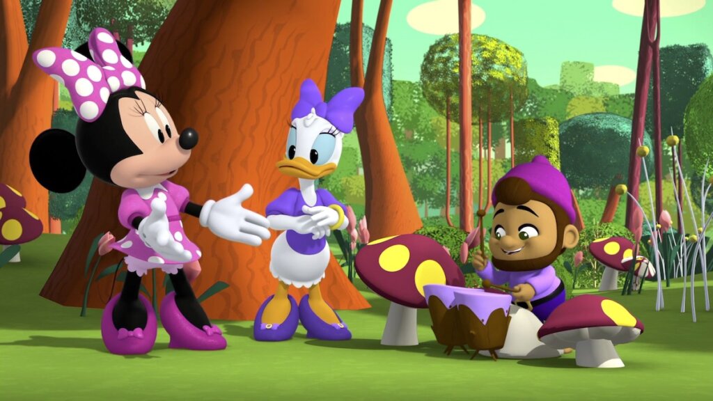 Minnie Mouse, Daisy Duck and Fig in a scene from Mickey Mouse Funhouse