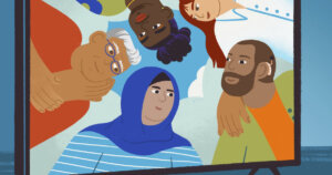 illustration from cover of TTIE 2022 report with five diverse people huddled in a circle on a tv screen