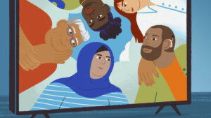 illustration from cover of TTIE 2022 report with five diverse people huddled in a circle on a tv screen