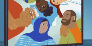 illustration from cover of TTIE 2022 report with five diverse people huddled in a circle on a tv screen