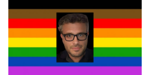 Riccardo Ricciardi headshot. Pride flag as background