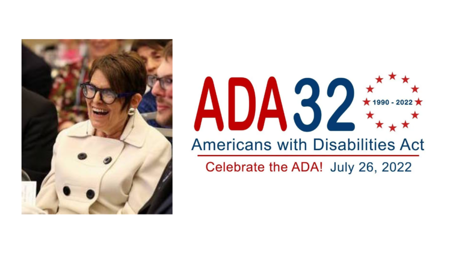 Rabbi Lynne Landsberg at a dinner in 2017. ADA32 logo.