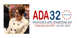 Rabbi Lynne Landsberg at a dinner in 2017. ADA32 logo.