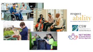 Four photos of people with disabilities working from the cover of the new Best Practice Guide. Logos for RespectAbility, Corporation for a Skilled Workforce, and Network of Jewish Human Service Agencies