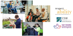Four photos of people with disabilities working from the cover of the new Best Practice Guide. Logos for RespectAbility, Corporation for a Skilled Workforce, and Network of Jewish Human Service Agencies