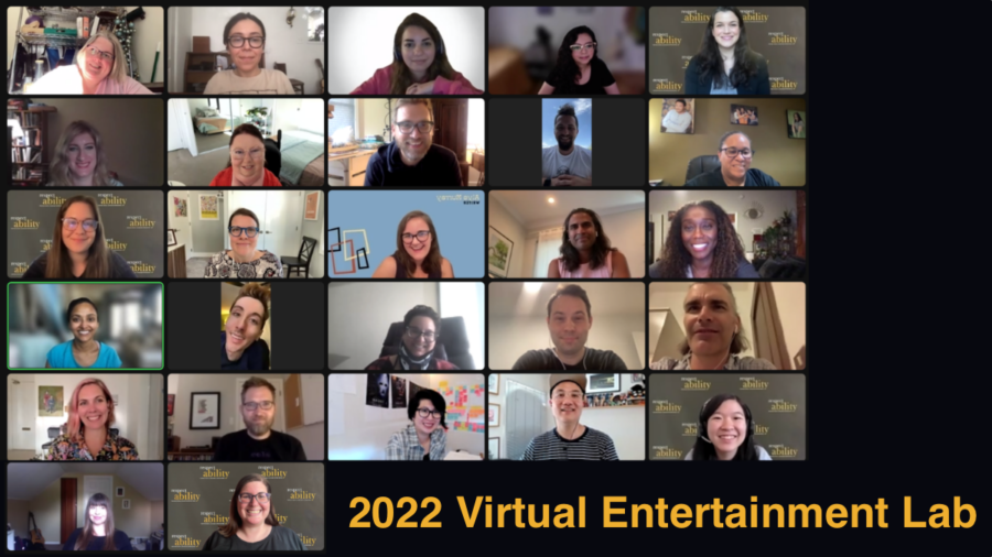 RespectAbility Lab Fellows and alumni together on Zoom for the opening session of the 2022 virtual lab. Text: 2022 Virtual Entertainment Lab