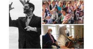 Three photos of Jews with and without disabilities praying and celebrating holidays.