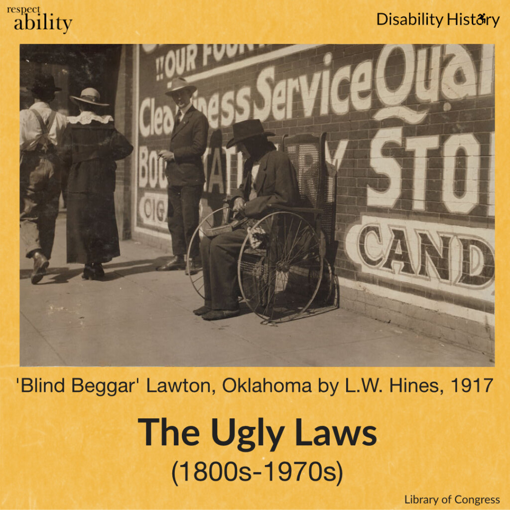 Black and white photo of an old blind man in a wheelchair on the sidewalk seeking money. Text: ‘Blind Beggar’ Lawton, Oklahoma by L.W. Hines, 1917. The Ugly Laws (1800s-1970s). Source: Library of Congress.