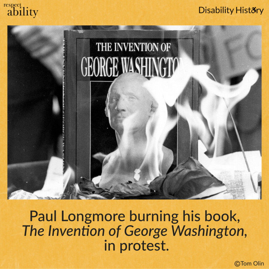 Close-up black and white photo of the book, The invention of George Washington, set aflame in a burn bin. Text: Paul Longmore burning his book, The Invention of George Washington, in protest. Source: Tom Olin. 