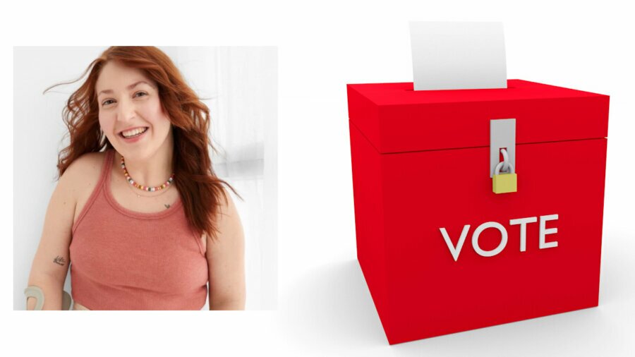 Headshot of Erica Mones next to image of a ballot box that says 