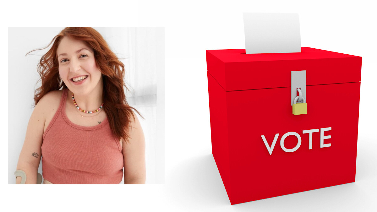 Headshot of Erica Mones next to image of a ballot box that says "VOTE" on it.