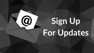 Illustration of an envelope with paper inside with an @ sign on it. Text reads “Sign Up For Updates”