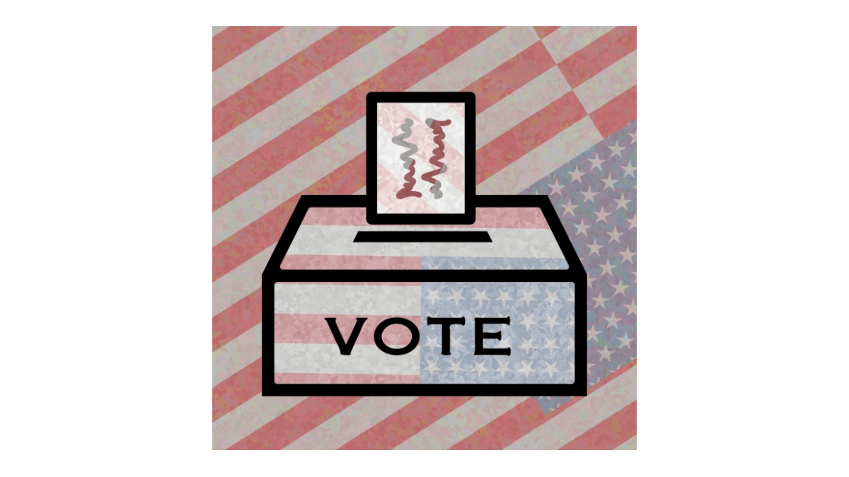 illustration of a ballot box with the word "vote" on it in front of an American flag