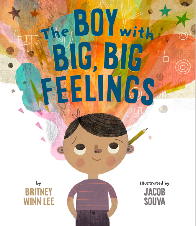 Cover art for The Boy with Big Big Feelings, featuring an illustration of a boy with lots of colors coming out of his head, representing thoughts