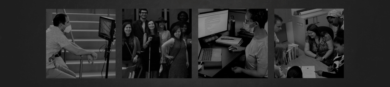 Black and white photos of a man behind a monitor on a film set, a group of RespectAbility Lab alumni together at an event, a woman wearing a mask working on a computer, and a group of former RespectAbility Apprentices looking at a document together