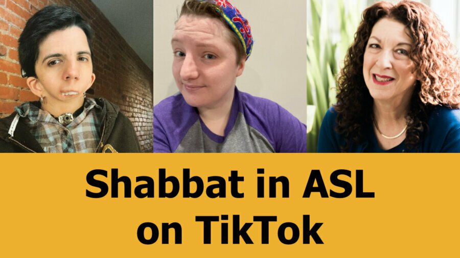 Headshots of Katriel Nopoulos Noah Strauss and Shelly Christensen. Text reads ASL Shabbat on TikTok