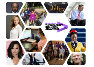 a collage of famous people with disabilities and people with disabilities working and groups of people with disabilities and logo for Accenture study on disability inclusion advantage
