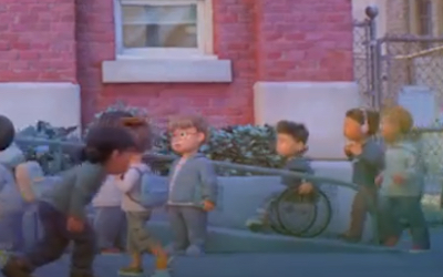 A character in the schoolyard rolls up a ramp using a wheelchair in a scene from Turning Red