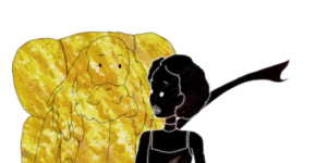 Still from "By Water" featuring art of a woman in black and an old man on a chair in yellow.
