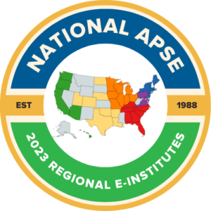 National APSE 2023 Regional E-Institutes logo with a map of the United States color coded by region.