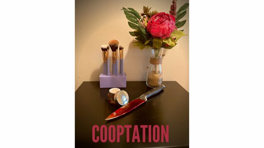 Cooptation film poster artwork with a bloody knife next to beauty products and flowers in a vase