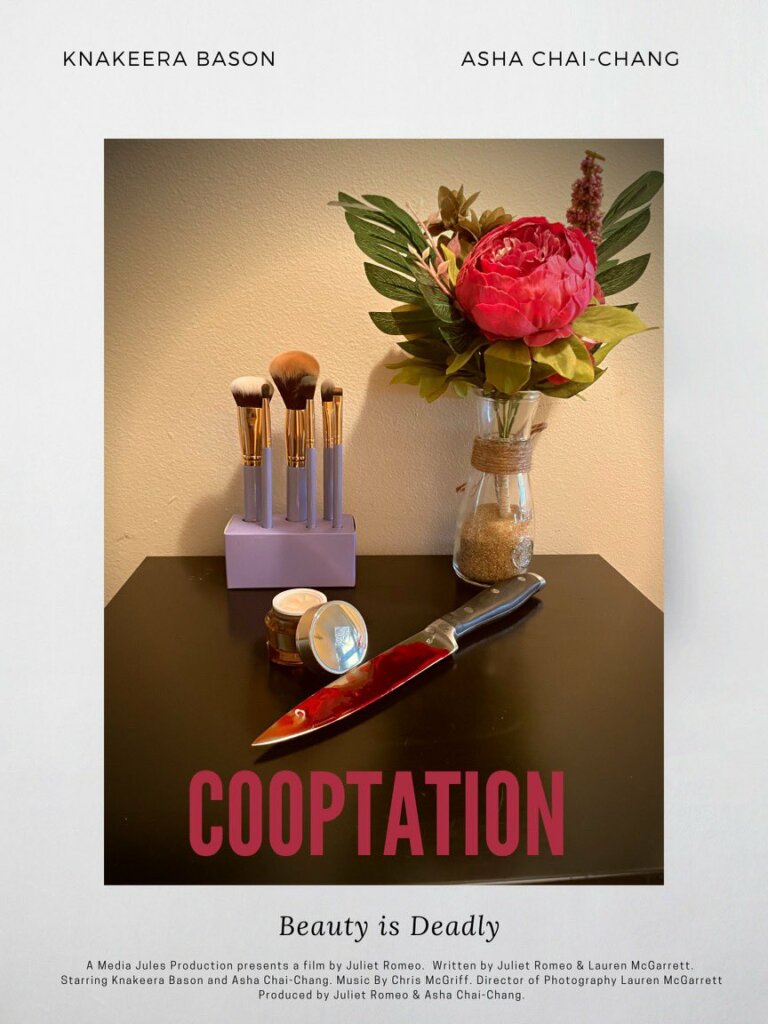 Cooptation film poster with a bloody knife next to beauty products and flowers in a vase. Tagline: "Beauty is deadly."